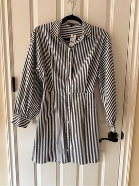 Express Black and White Vertical Stripe Long Sleeve Shirt Dress